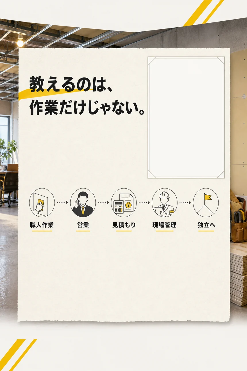 職人作業から営業、見積もり、現場管理、独立へ進む成長イメージ。