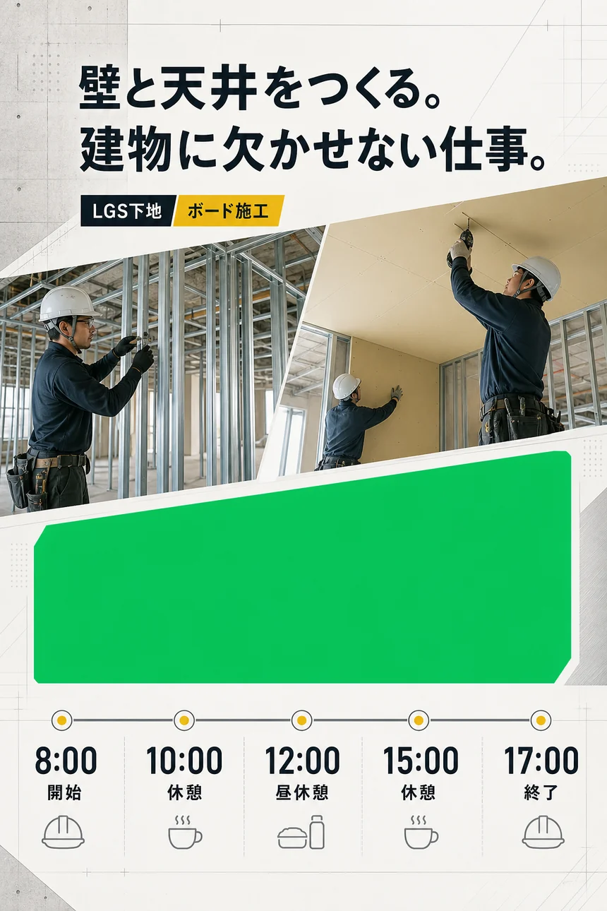 LGS下地とボード施工の仕事内容、一日の勤務時間。