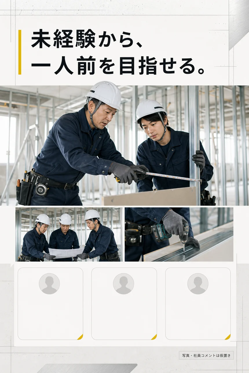 未経験者を現場で指導するイメージ。写真と社員コメントは仮置き。